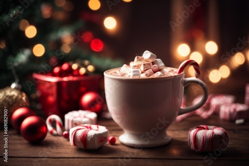 Christmas drink. Cup of hot chocolate with marshmallows and red candy cane on festive background