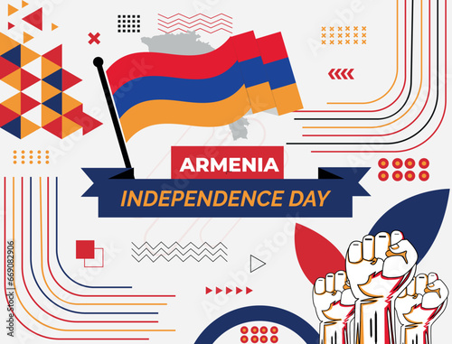 Armenia national day banner with map, flag colors theme background and geometric abstract retro modern Red blue yellow design. abstract modern design.