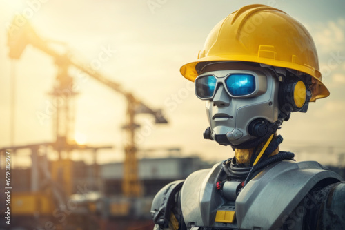 Engineer robot wearing yellow safety helmet in construction site 