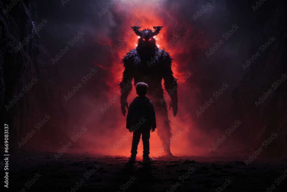 a child before the fear of a monster. From the darkness of his body, two glowing red eyes pierce the darkness, gazing intently at the sleeping child below.