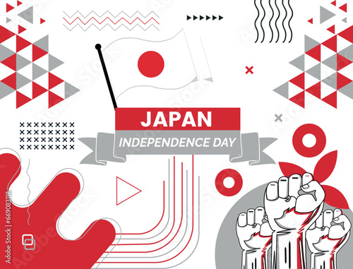 JAPAN national day banner with map  flag colors theme background and geometric abstract retro modern colorfull design with raised hands or fists.