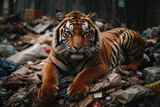 tiger  portrait on a pile of garbage 