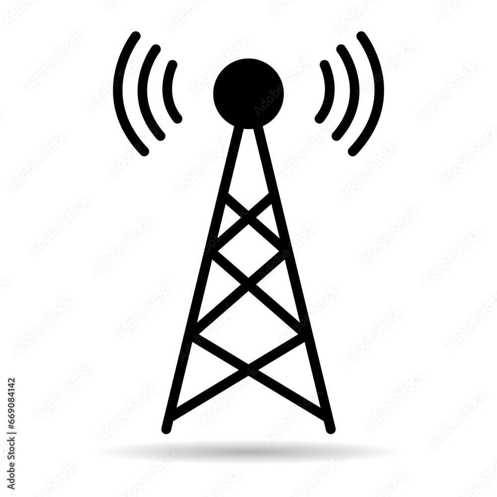 Signal tower shadow icon, wireless technology network sign, antenna wave radio vector illustration - obrazy, fototapety, plakaty 