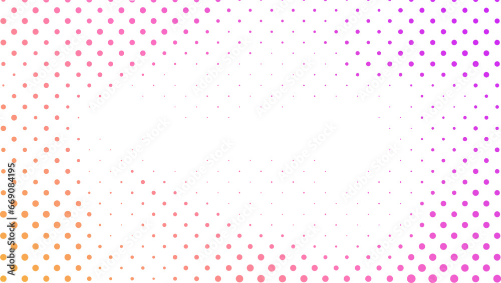 vector colored halftone overlay background. random scattering of spots in the form of a horizontal frame - obrazy, fototapety, plakaty 