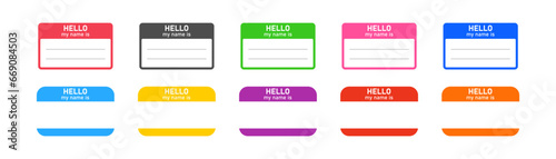 Hello my name is, sticker label set. Meeting, introduction, vector flat colored illustration, EPS 10.
