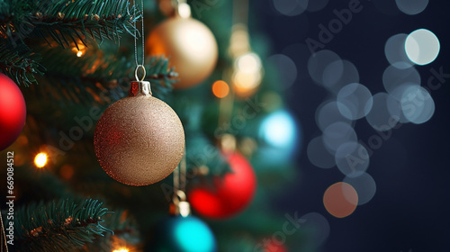 Bright New Year decorations on the Christmas tree  festive background  beautiful card.