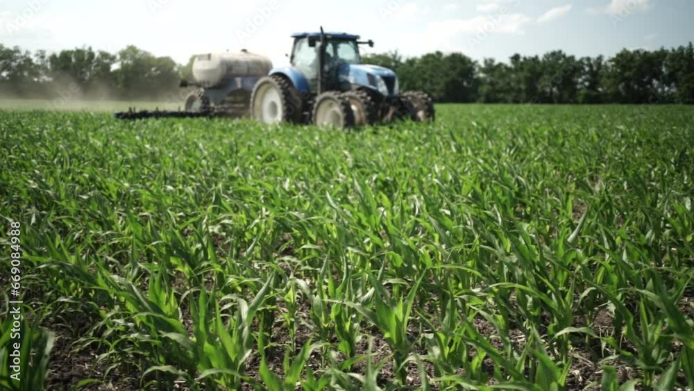 Tractor on the field of green corn fertilizing the crop Tractor on the field of green corn fertilizing the crop