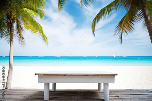 empty wooden table for product placement in front of sea  ocean and palm tree. 