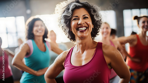 Happy middle-aged women smiling enjoying Zumba class, Workout and fitness sport concept