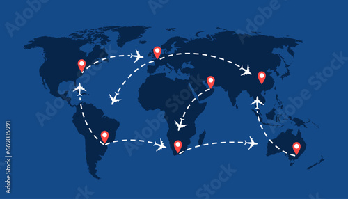 World travel map with airplanes, flight routes and pins marker. Vector illustration.