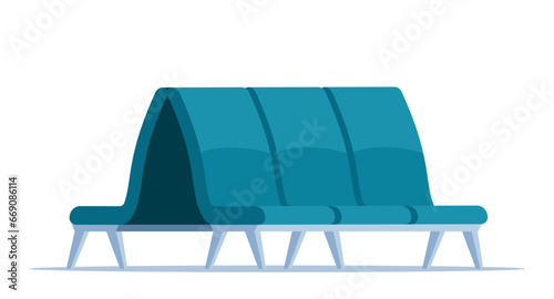 Empty rows of seats, element of airport lounge interior. Terminal waiting room triple seats. Departure lounge chairs. Vector illustration.
