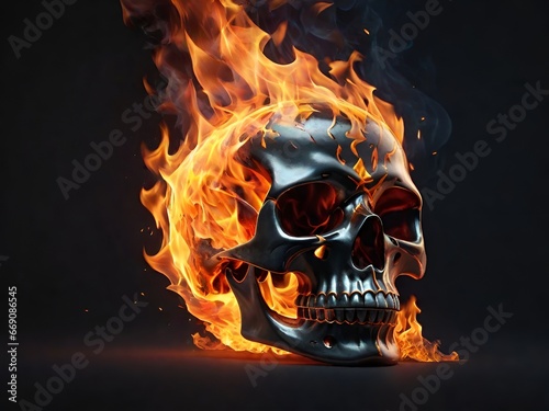 human skull and fire , Black skull in fire flames ,Frightening photo of a burning skull