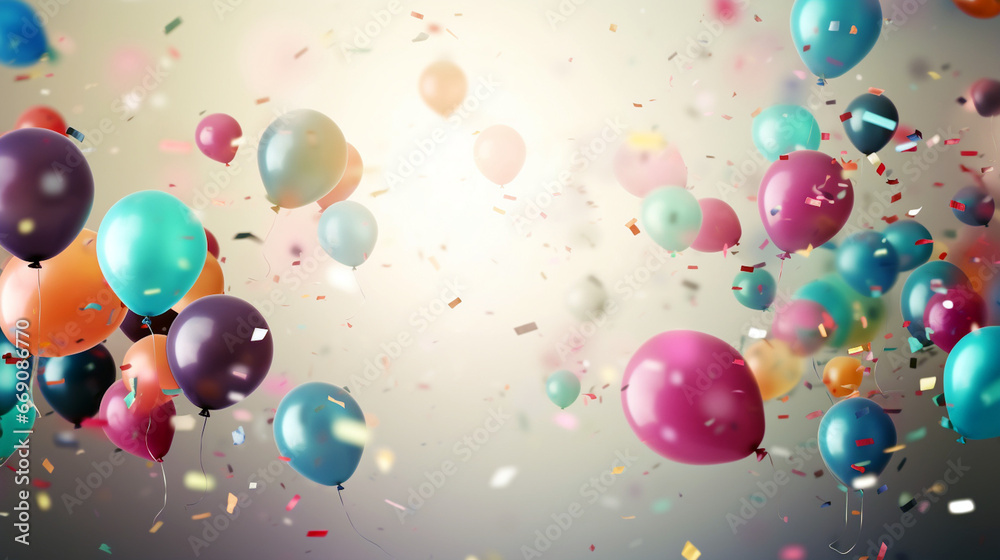 Imagen horizontal para celebraciones llena de globos y confeti de colores en el aire con fondo blanco. Decoración para fiesta de evento o aniversario. - obrazy, fototapety, plakaty 