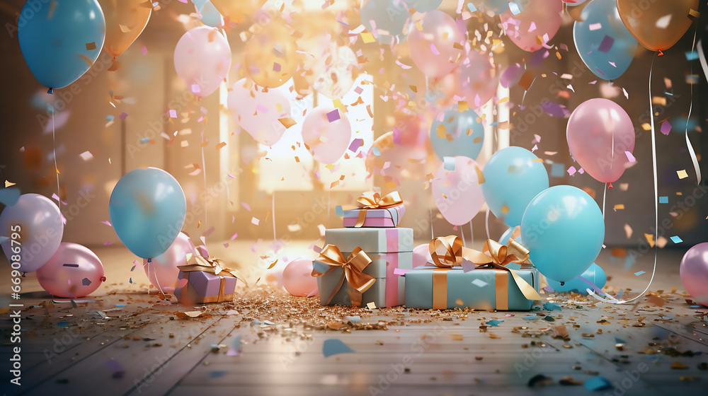 Habitación para celebrar feliz cumpleaños con dos regalos en el centro y globos en el aire azules y rosas, confeti dorado volando por la habitación. - obrazy, fototapety, plakaty 
