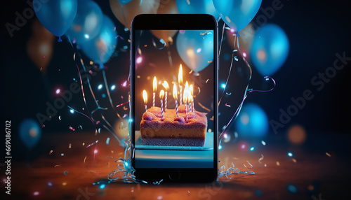 Smartphone negro de pie sobre mesa mostrando una fotografía en la pantalla de una tarta con velas, confeti y globos de color azul. photo