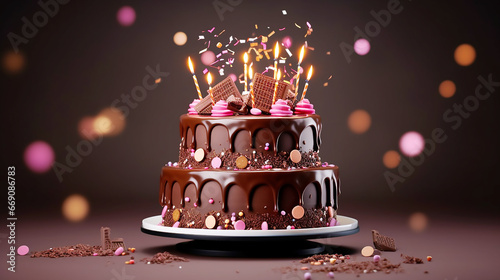 Pastel cumpleaños de chocolate de dos pisos con velas y confeti alrededor y decorada con chocolate. Tarta de chocolate para cumpleaños.