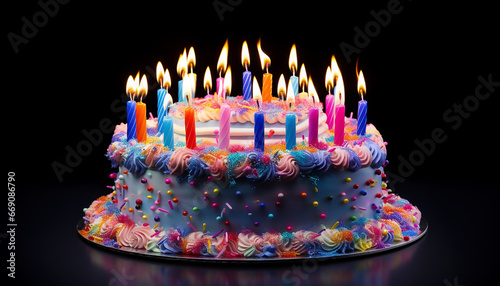 Pastel de cumpleaños morado decorado con velas de colores encendidas y virutas de colores sobre un fondo negro