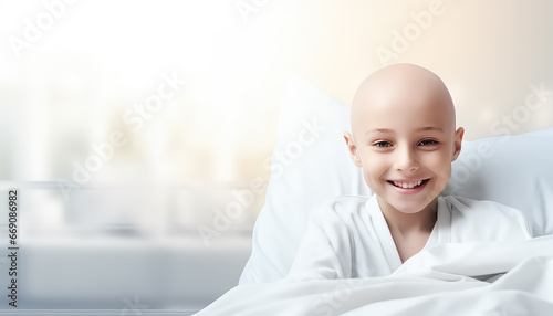 Bald child in hospital, being treated for cancer photo