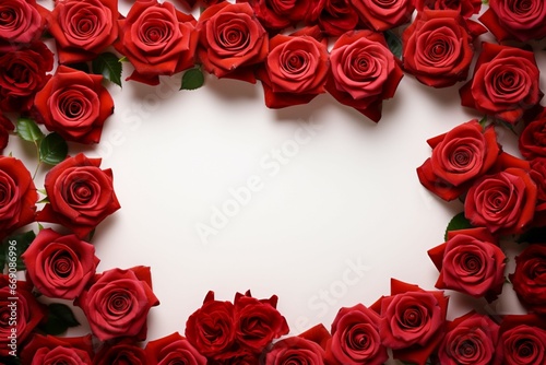 A frame of red roses with white space for anniversary and Valentines greetings