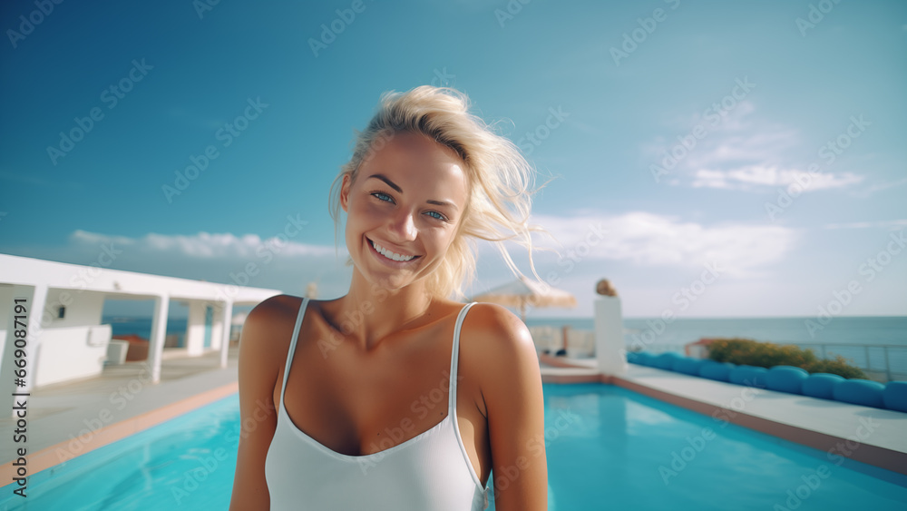 A blonde caucasian woman having a happy time on the beach at a resort