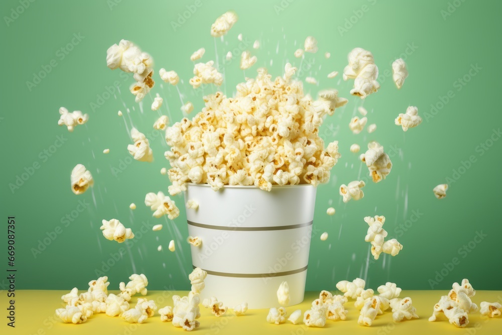 a clean detailed commercial studio photo of a bucket with cinema popcorn flying in the air on green gradient background. Junk comfort food ingredient levitation for advertising.