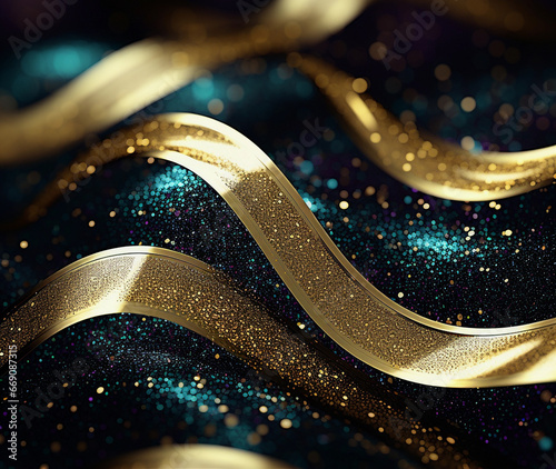 Glitter Emerald Gold Wave Stripes Design. Shiny moving lines design element background 