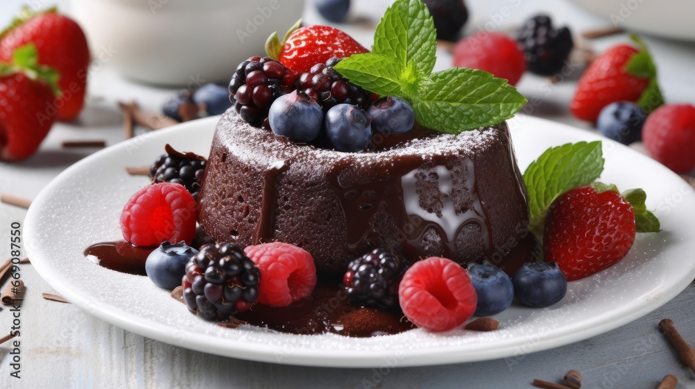 Plate with delicious chocolate fondant, berries and mint on white tiled table, closeup. Food concept. Sweet cuisine. Plate with delicious chocolate fondant, berries and mint on white tiled table, closeup. Food concept. Sweet cuisine.