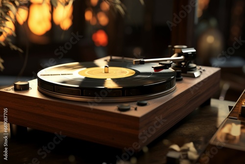 An old wooden record player on a table, depicted in a 3D render