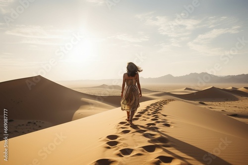 Back view of a barefoot woman walking on a desert dune photo