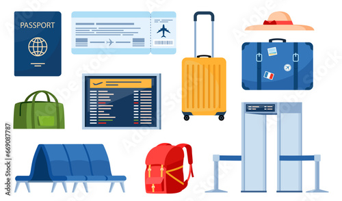 Airport terminal design elements. Traveling by plane, set of objects. Baggage, metal detector, air ticket, passport, information panel, lounge seats. Air travel concept. Tourism. Vector illustration.