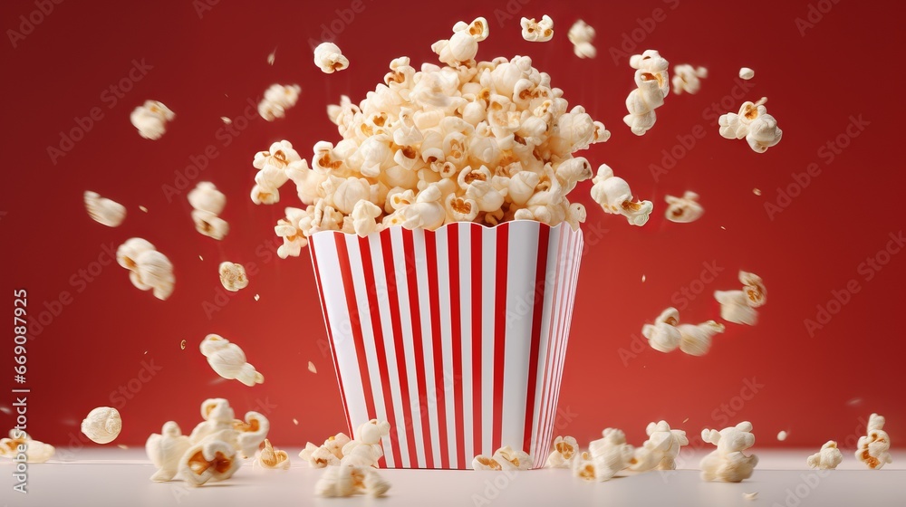 a clean detailed commercial studio photo of a bucket with cinema popcorn flying in the air on red gradient background. Junk comfort food ingredient levitation for advertising.