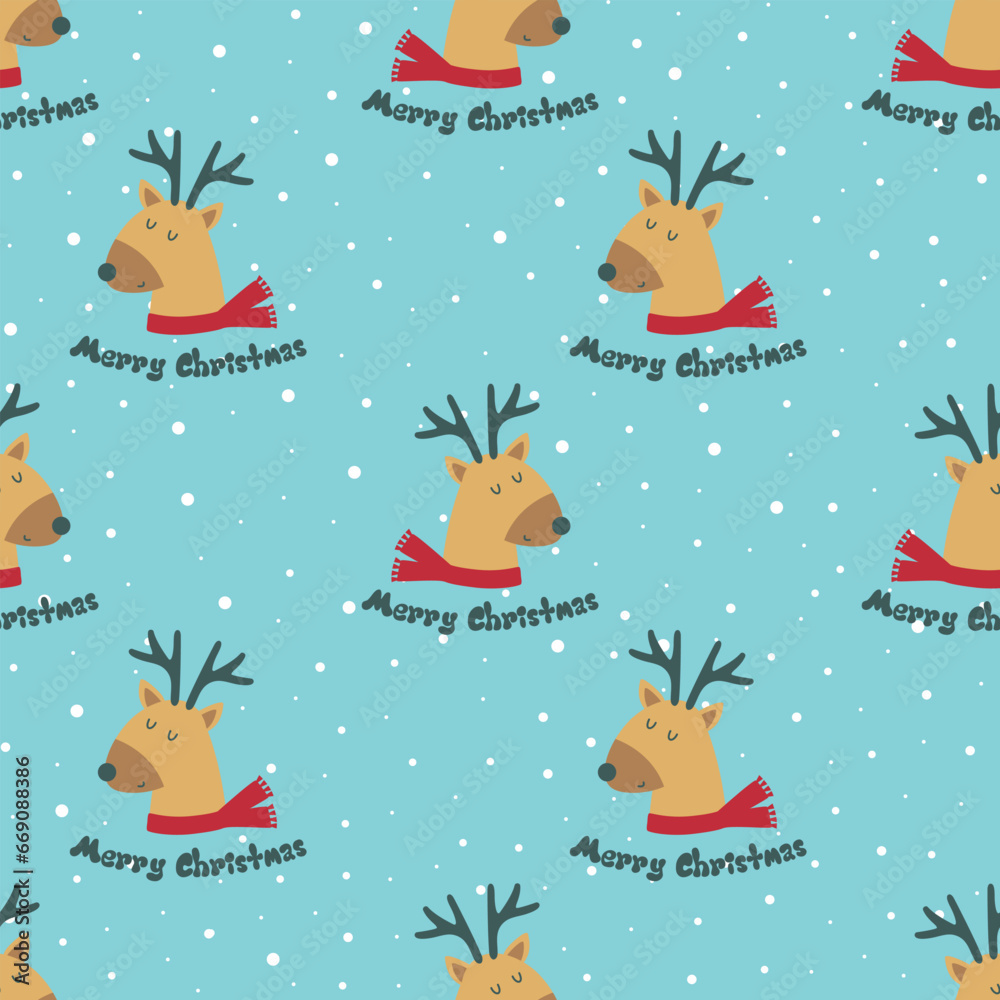 Seamless winter holidays template with funny cartoon deer on a snow background. Vector illustration. Design for fabric and decoration. Seamless winter holidays template with funny cartoon deer on a snow background. Vector illustration. Design for fabric and decoration.