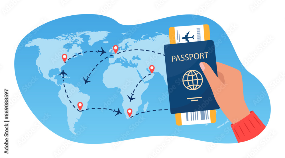 Passport with air ticket in human hand, world travel map with airplanes, flight routes and pins marker. Time to travel concept. International flight. Vector illustration for poster, banner.
