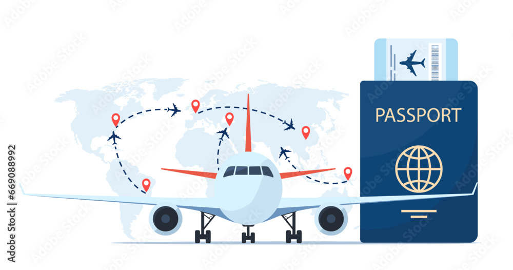 Aircraft, passport with air ticket, world map with flight routes and pins marker. Time to travel concept. Traveling by plane. International flight. Vector illustration for poster, banner. Aircraft, passport with air ticket, world map with flight routes and pins marker. Time to travel concept. Traveling by plane. International flight. Vector illustration for poster, banner.