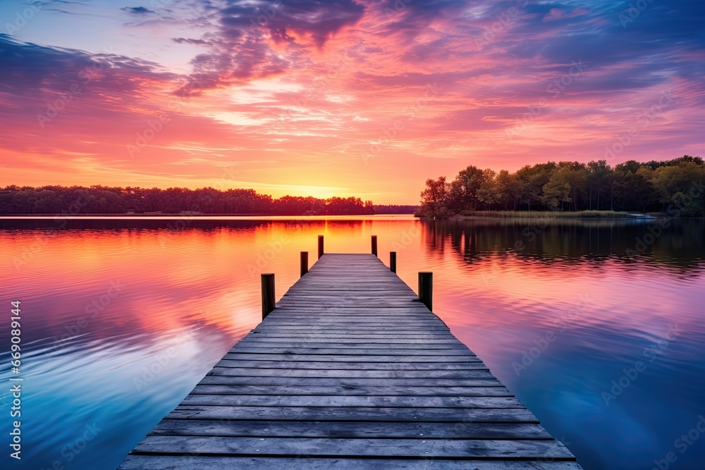 Naklejka premium Wooden pier on the lake at sunset. Beautiful summer landscape, Small boat dock and beautiful sunset landscape view with a huge lake, AI Generated
