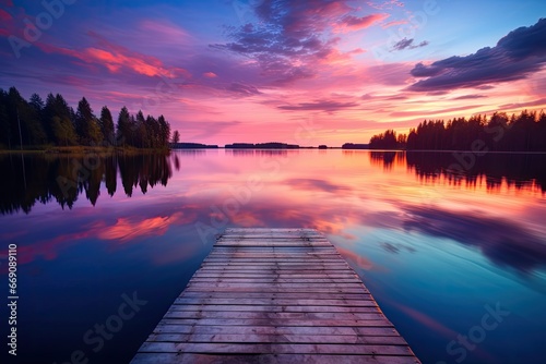 Wooden pier on a lake at sunset. Beautiful summer landscape, Small boat dock and beautiful sunset landscape view with a huge lake, AI Generated