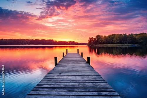 Wooden pier on the lake at sunset. Beautiful summer landscape, Small boat dock and beautiful sunset landscape view with a huge lake, AI Generated photo