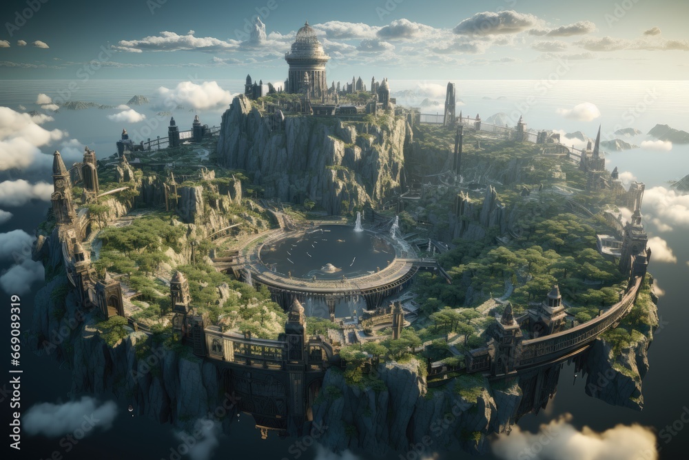 Fototapeta premium Beautiful fantasy landscape with castle. 3d rendering, 3d illustration, something that looked a bit like v3 but with all of the v5.2, AI Generated