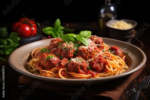 Spaghetti pasta with meatballs in tomato sauce and basil leaves, Spaghetti with tomato sauce and meatballs, AI Generated