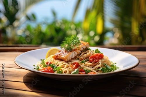 Spaghetti with salmon, tomatoes and parsley on a wooden table, Spaghetti with fish on a white plate with a blurred background, AI Generated