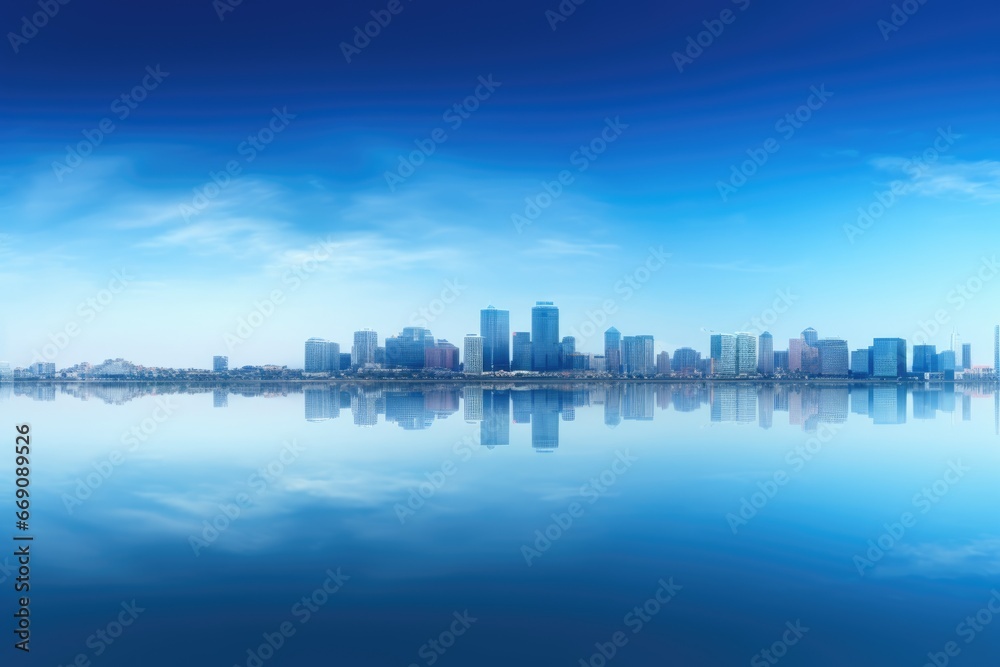 Blue tone panorama of waterfront city skyline