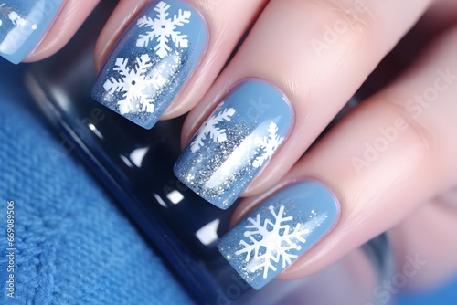 Beautiful woman's fingernails with blue nail polish with seasonal winter snowflakes themed design