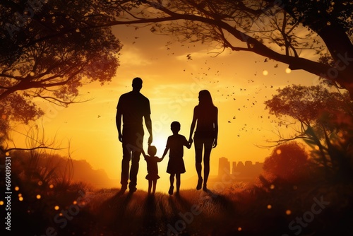 Silhouette of happy family holding hands and walking in the field at sunset, Silhouette of young couple hiker were standing at the top of the mountain looking at the stars and, AI Generated