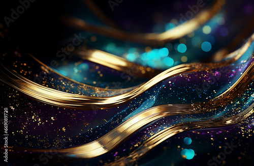 Glitter Golden Emelald Violet Wave Stripes Design. Shiny gold moving lines design element on dark background 