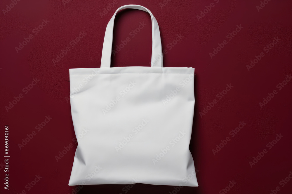 White fabric bag on a burgundy background White fabric bag on a burgundy background