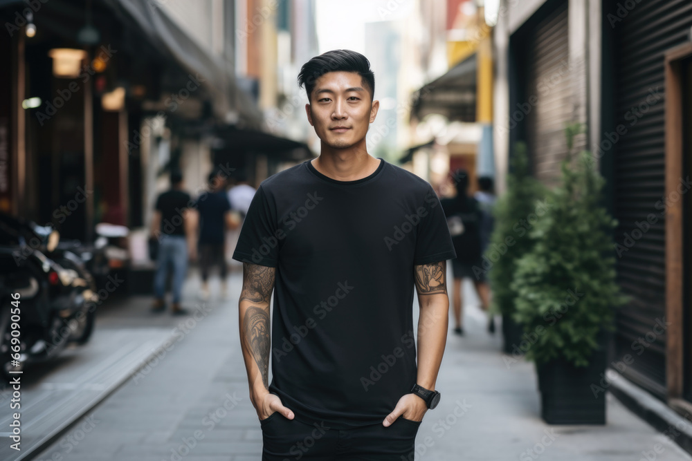Asian man in a black T-shirt with tattoos in the city Asian man in a black T-shirt with tattoos in the city
