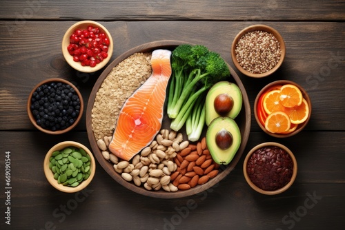 Bowl with products for healthy diet top view