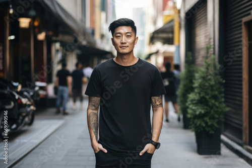 Asian man in a black T-shirt with tattoos in the city © Julia Jones