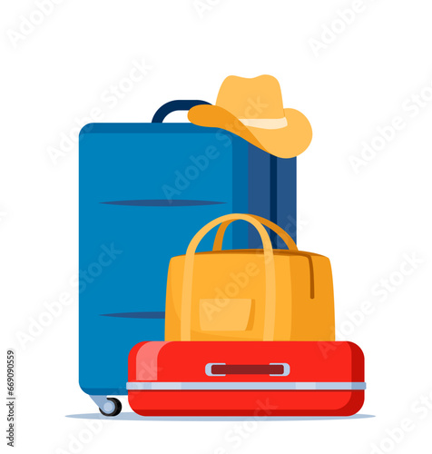 Travel bags composition. Suitcase and backpack. Tourist case, journey and adventure baggage. Travelers luggage. Vector illustration.