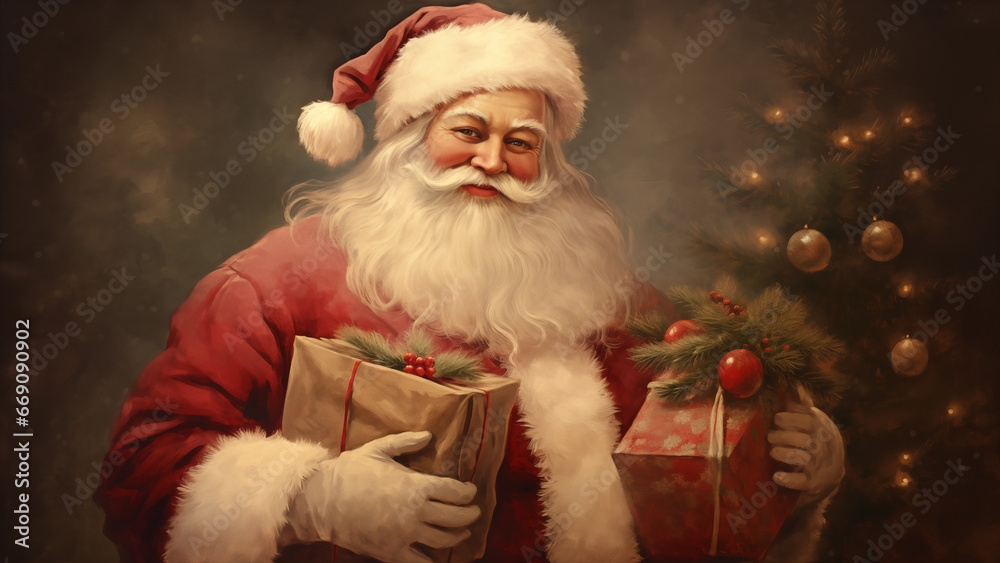 The kind image of Santa Claus standing next to a decorated tree holding gifts at Christmas, creating a warm atmosphere. The kind image of Santa Claus standing next to a decorated tree holding gifts at Christmas, creating a warm atmosphere.